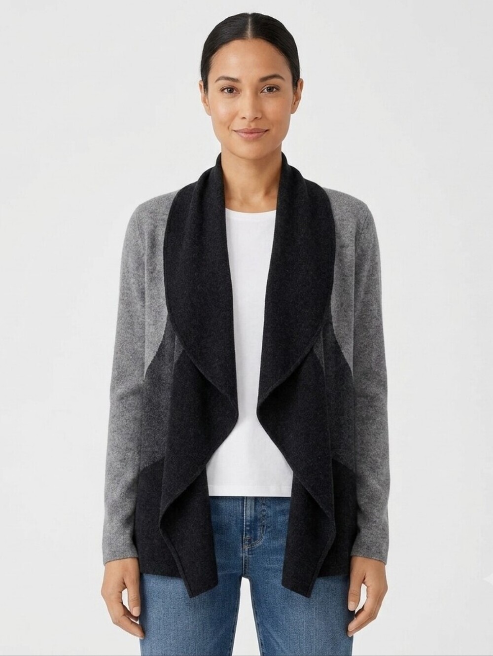 Eileen Fisher Merino Wool Waterfall Colourblock Cardigan Size XS